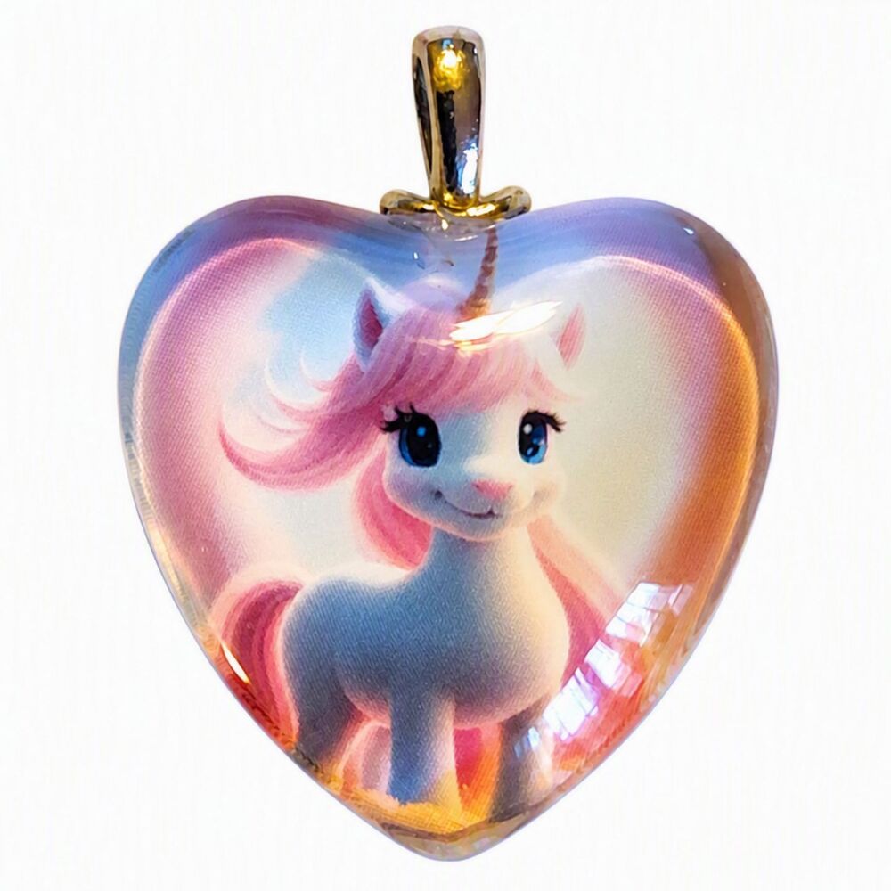 Silver Tone Heart Shaped Pink Pony Fantasy Unicorn Epoxy Resin Pendant Charm